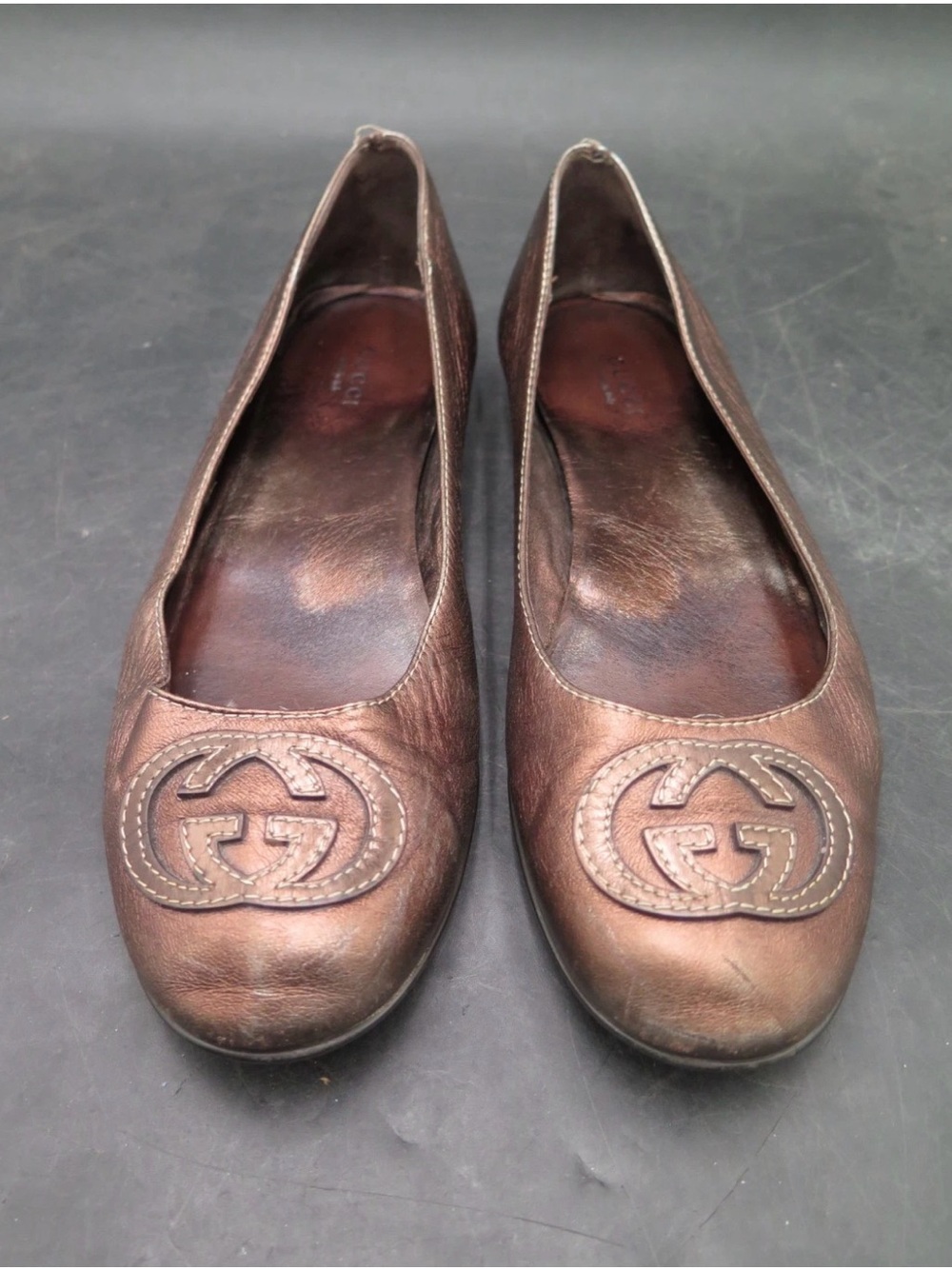Vintage Gucci Metallic Bronze Leather Ballet Flats - Size 8.5